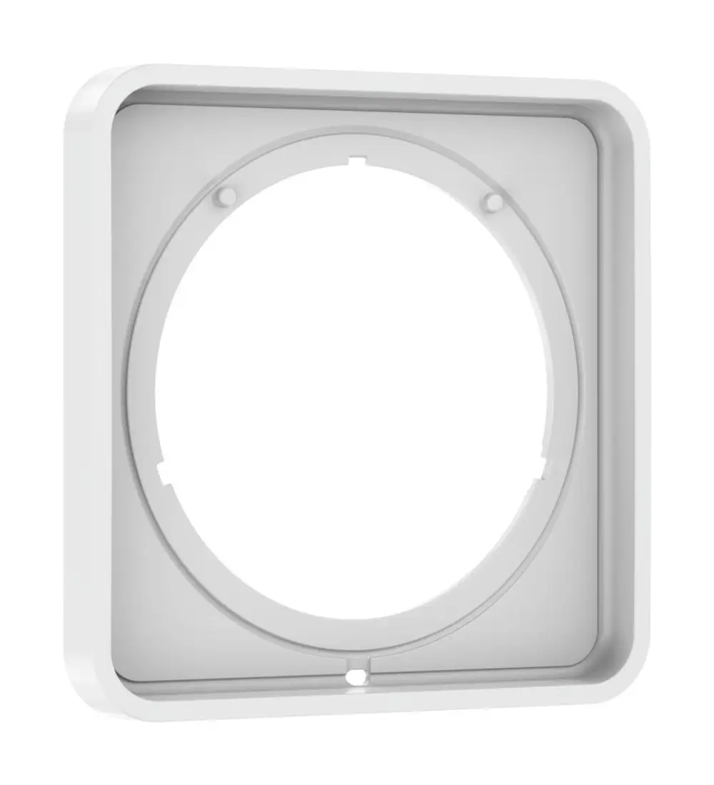 Weißer Wandrahmen mit kreisförmiger Aussparung in der Mitte. Geeignet für die Verwendung mit Produkten von Hansgrohe.